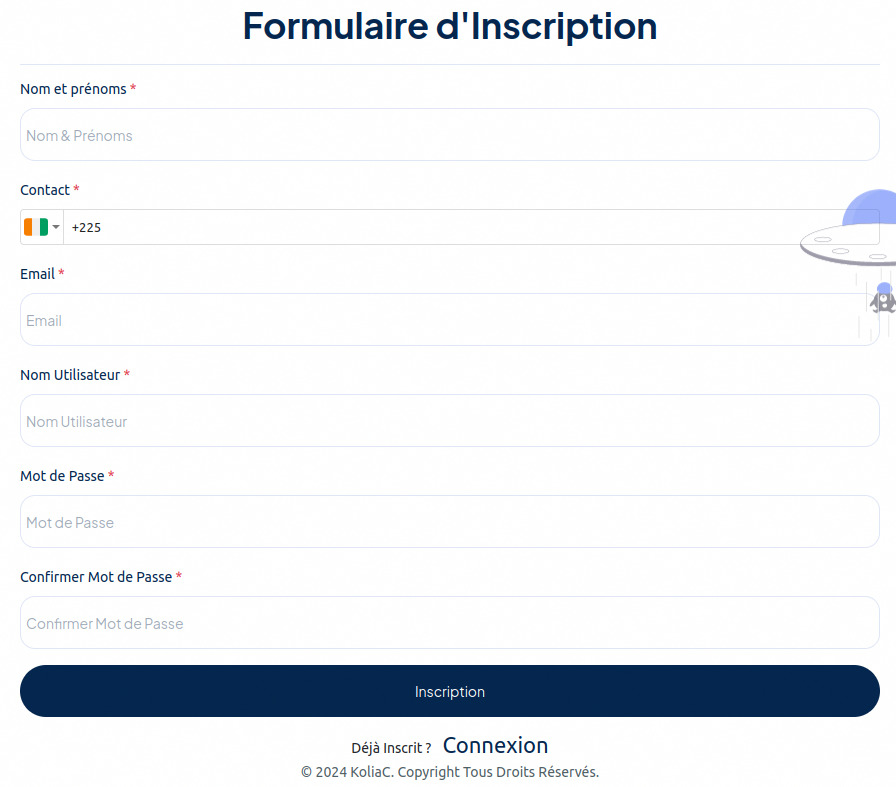 Interface d’inscription